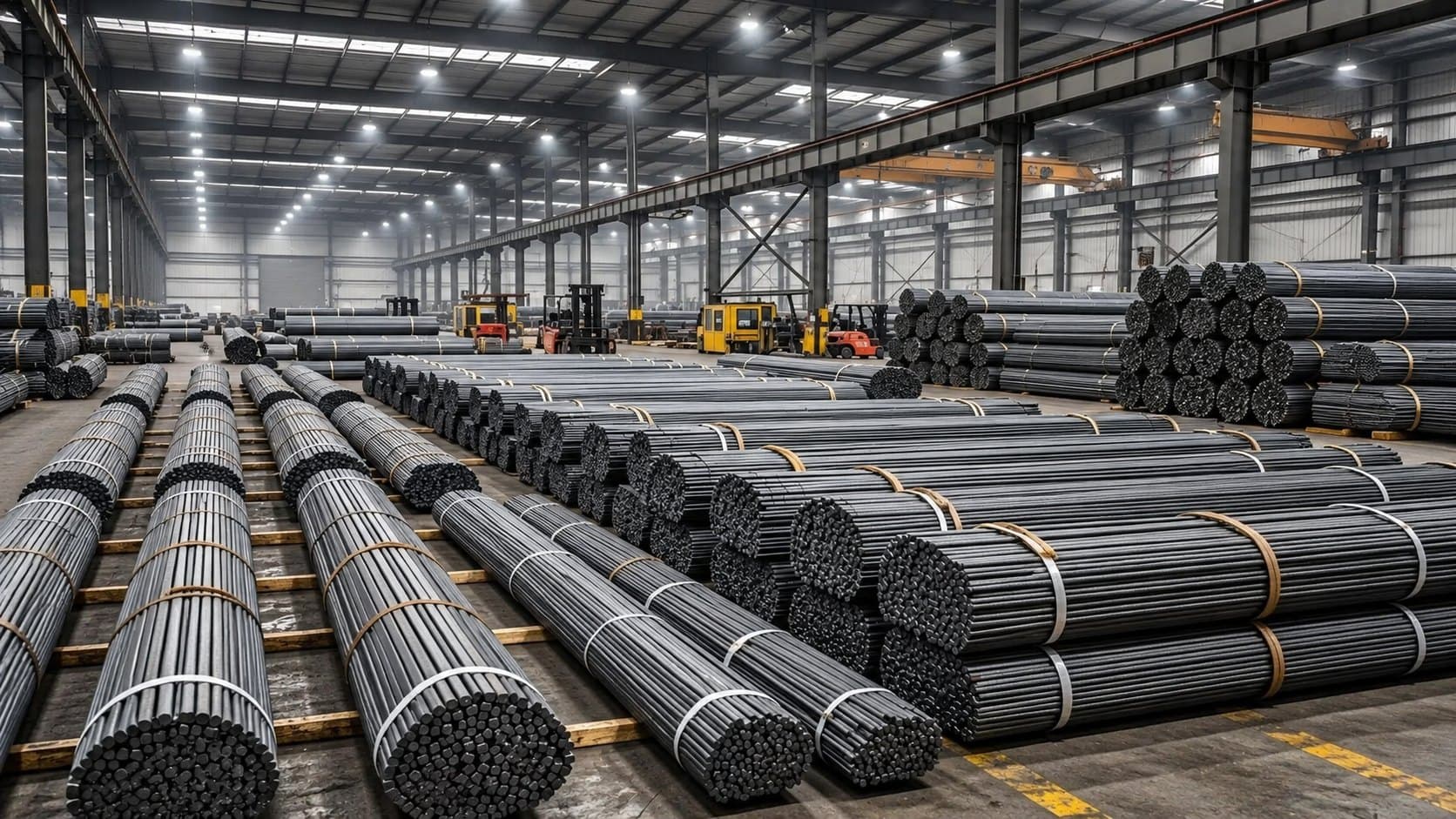 Bundled galvanised steel stock staged across the warehouse floor